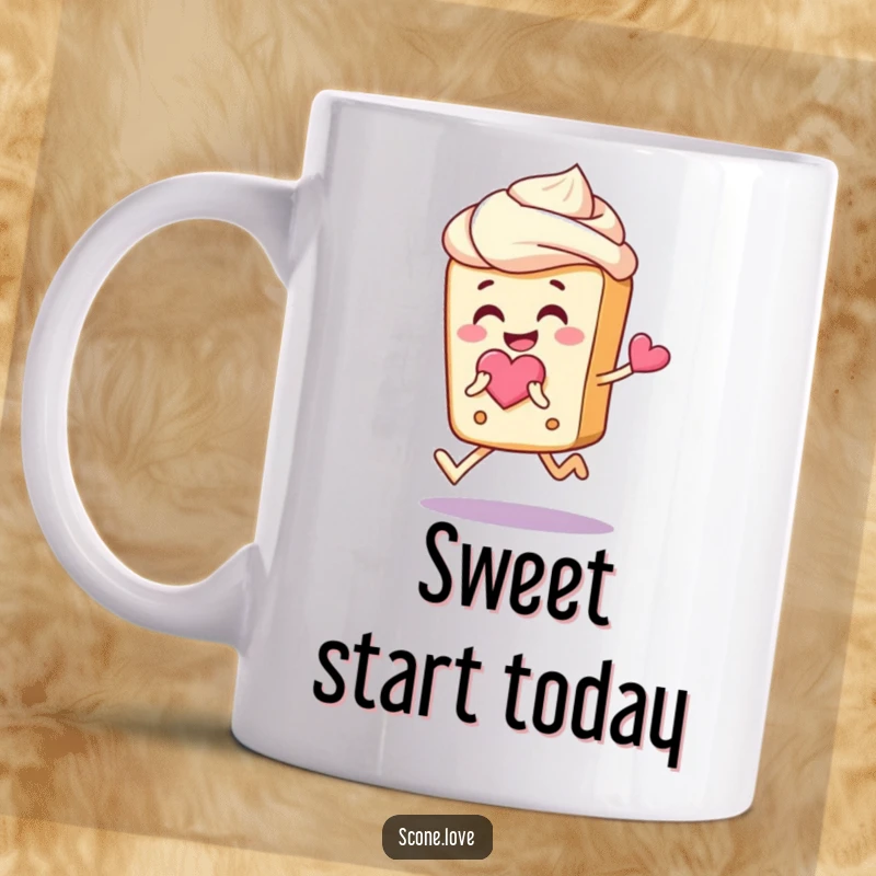 Funny Scone Love Mug: A smiling scone with frosting hair joyfully skipping with a heart, conveying pure happiness.