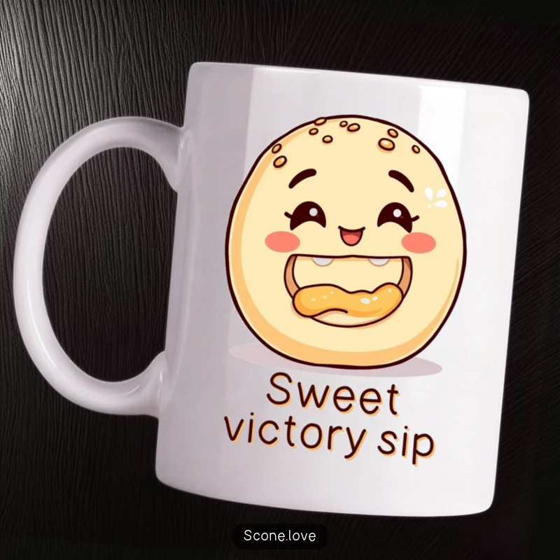 Funny Donut Mug, showing a smiling baked good taking a triumphant bite out of another, a delicious and humorous food fight.