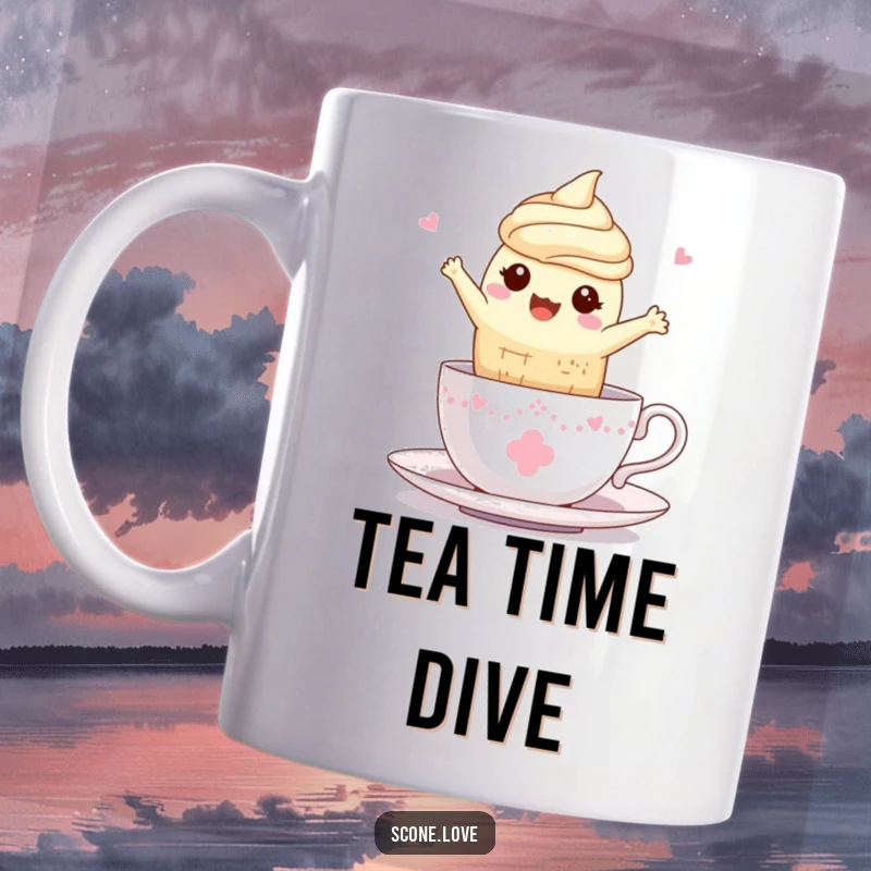 Funny Kawaii Scone Teacup Mug: A happy scone joyfully leaps into a delicate teacup, full of delight.
