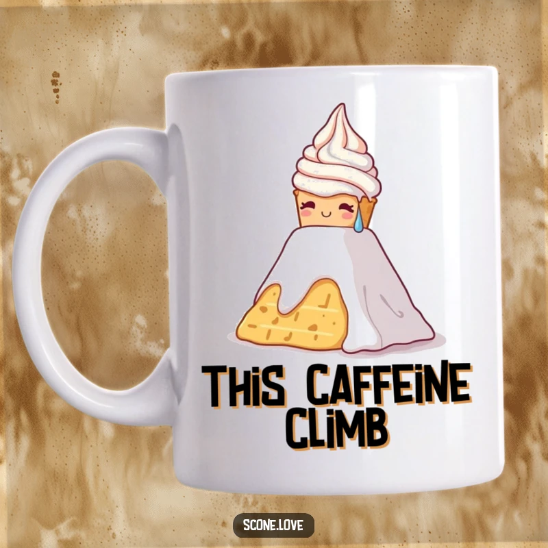 Funny mug showing a scone, covered in sweat drops, struggling to climb a tall mountain of whipped cream.