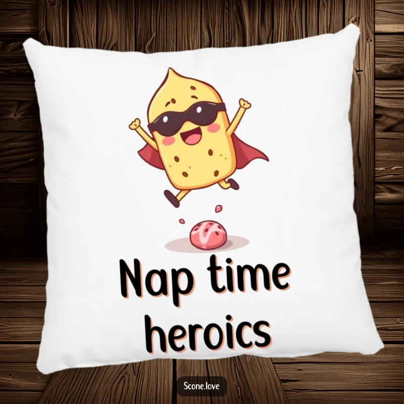 Funny pillow featuring a superhero scone in a heroic pose, offering comfort and a dose of playful heroism.