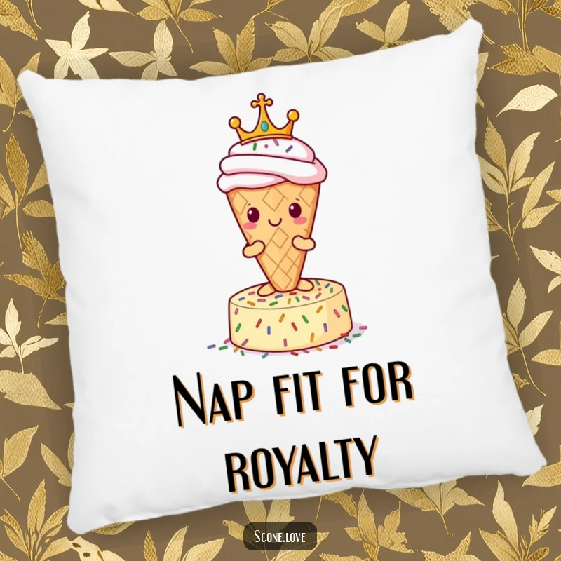 Funny Scone Pillow: A soft pillow showcasing a crowned scone on a sprinkle pedestal, perfect for cozy, sweet decor.