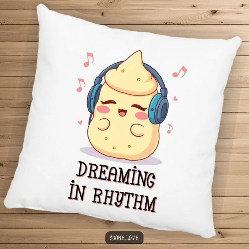 Funny pillow featuring a scone with headphones, eyes closed, grooving peacefully, perfect for relaxation.