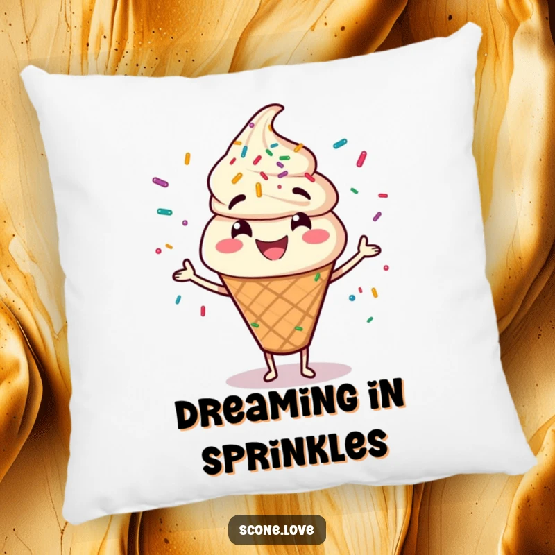Funny pillow showcasing a cheerful scone character with a big smile, actively juggling a cascade of colorful sprinkles.