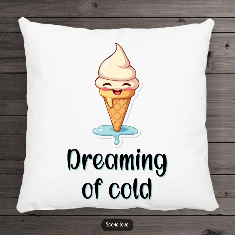 Funny pillow with a cute, slightly melting ice cream cone expressing joy, designed for comfort and adding a sweet, humorous vibe.