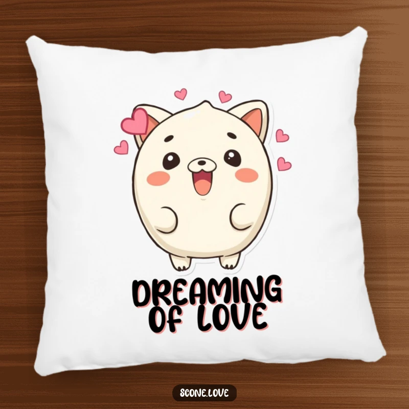 Funny Beaming Scone Pillow: A scone character beams with hearts floating around, offering humorous comfort and heartfelt affection.