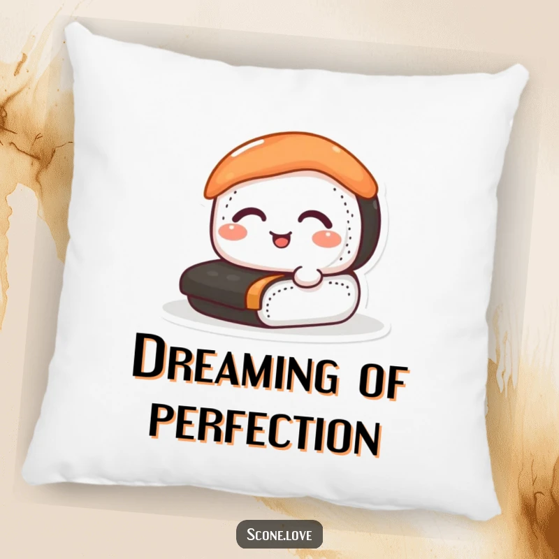 Funny sushi pillow featuring a content sushi roll with eyes closed, enjoying its happy rolling, great for sofas.