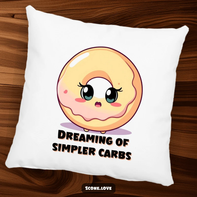 Plush pillow displaying a funny scone character’s surprised face as it encounters a giant donut.