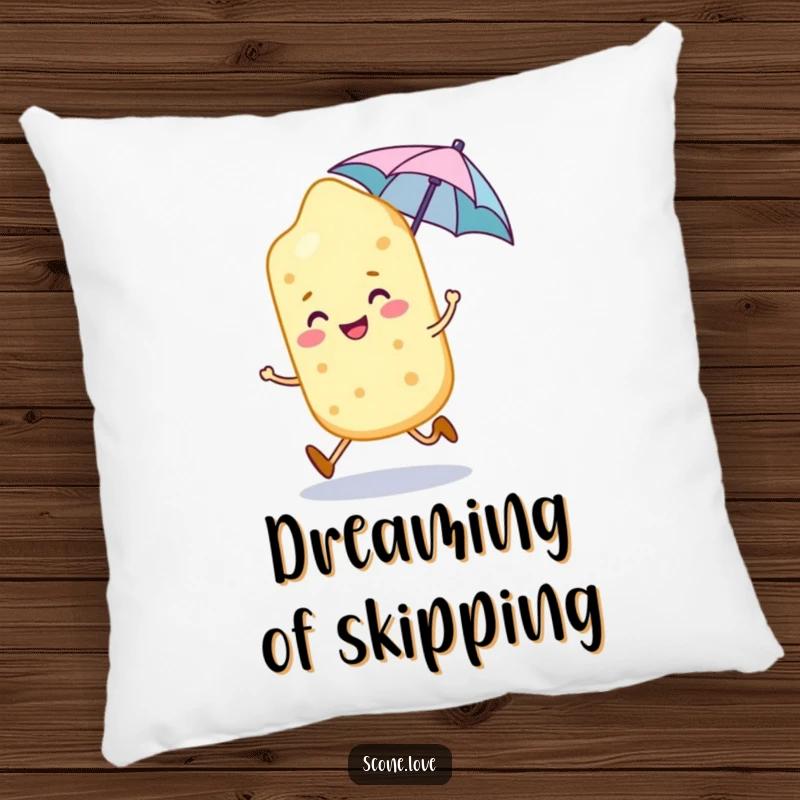 Funny scone character skipping with a tiny umbrella, a delightful and soft addition to this pillow.