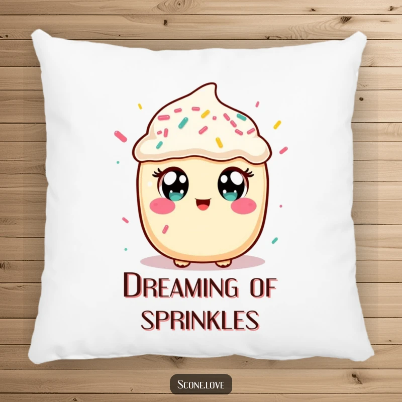Funny pillow with a kawaii scone character catching sprinkles, offering plush comfort and a dose of baked goods humor, a sweet gift.