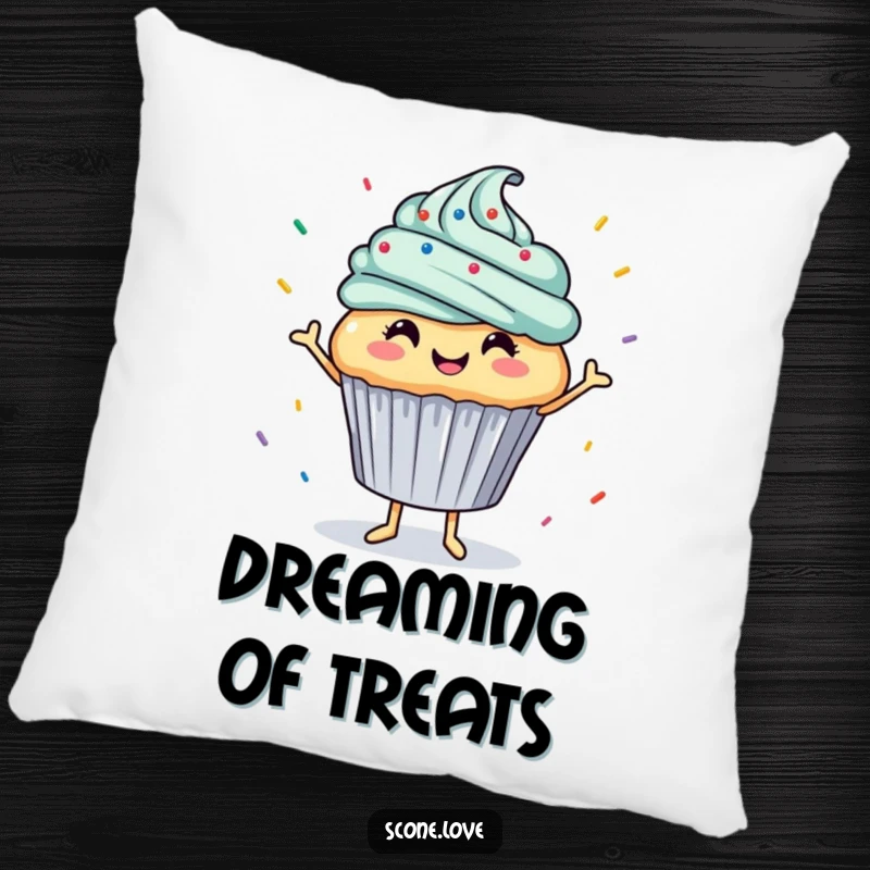 Funny pillow showcases a happy cupcake dancing with a flurry of sprinkles, a humorous and cozy decorative item.