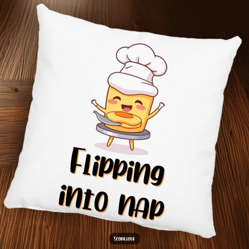 Funny pillow with a scone wearing a chef hat, joyfully flipping a miniature pancake, adding charm to any room.