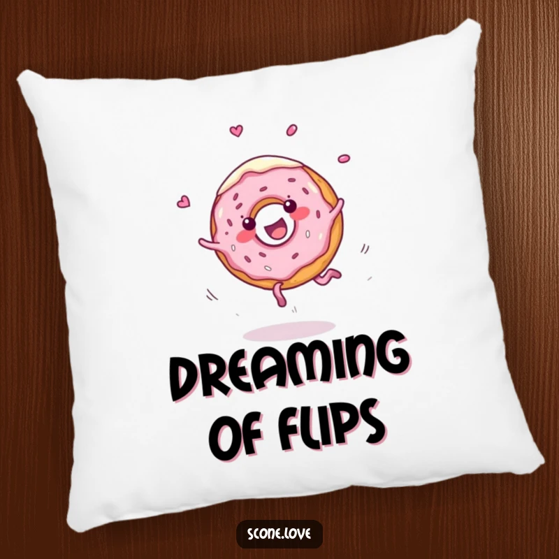 Funny pillow showcases a cheerful donut performing a cartwheel with frosting flying, a humorous and cozy decorative item.