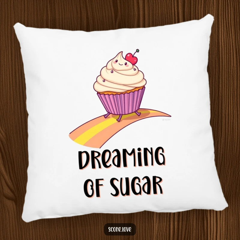 Funny pillow with a cute cupcake on tiny legs enjoying a slide down a rainbow, adding humor and comfort to any room.