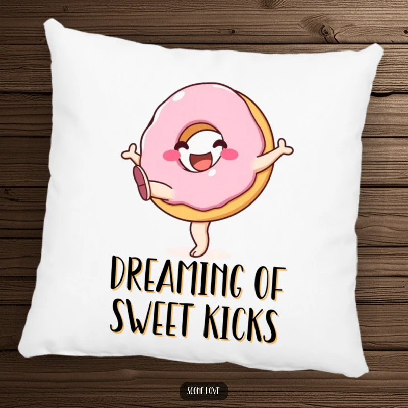 Funny pillow depicting a cheerful donut with its legs kicking joyfully upwards, offering comfort and a dose of playful cheer.