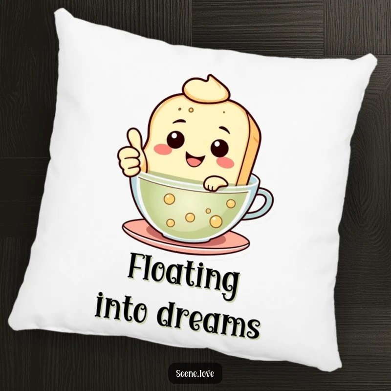 Funny Floating Scone Pillow shows a smiling scone giving a thumbs up while floating in tea, offering humorous comfort and style.