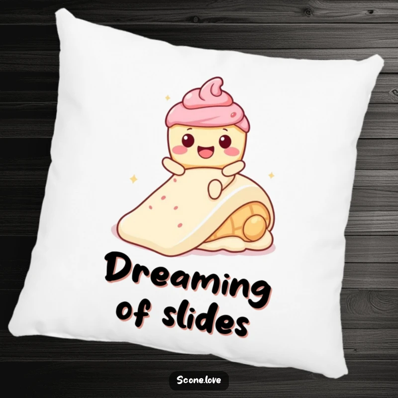 Funny Kawaii Scone with a wide smile, sliding down a frosting slide on a soft, humorous pillow.