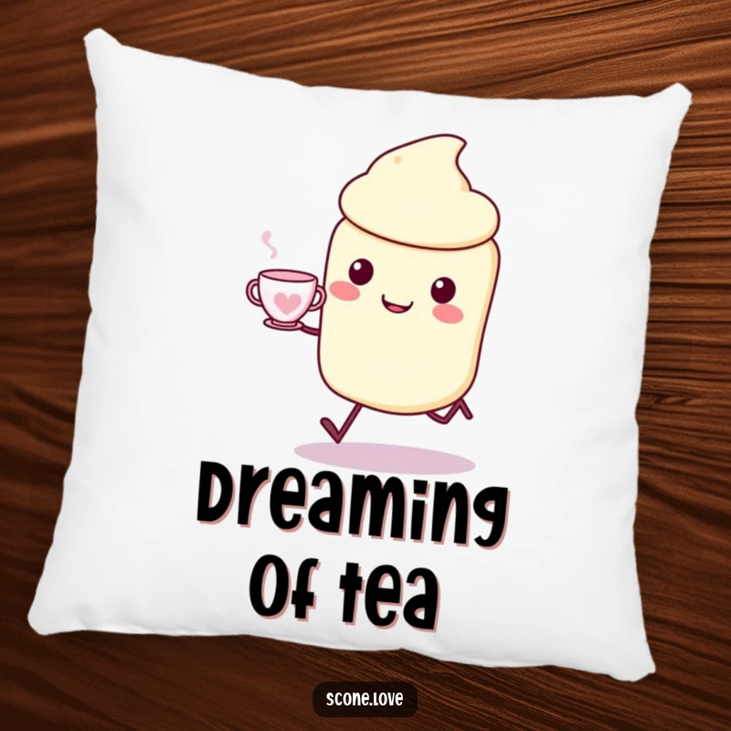 Funny Kawaii Scone Pillow: a happy scone skips with a teacup, perfect for a funny, cozy gift.