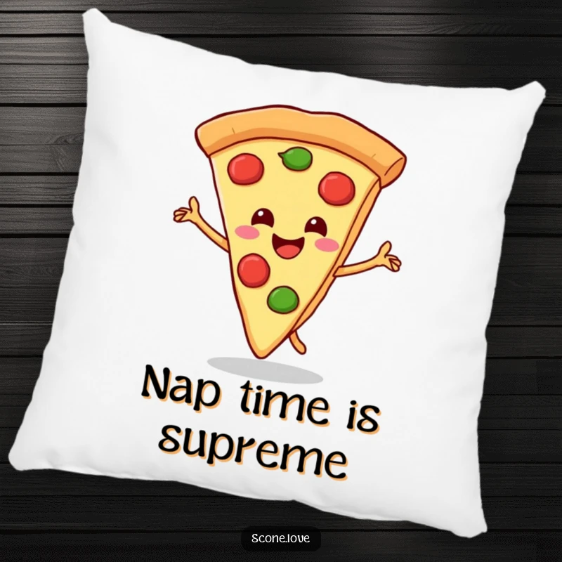 Funny pillow with a happy pizza slice dancing with its crust, providing comfort and a cheesy dose of humor.