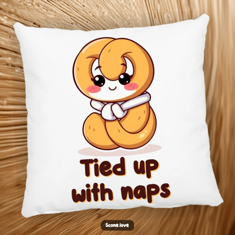 Funny pillow featuring a pretzel intently tying its own knot, designed for comfort and adding a humorous, motivational element to decor.