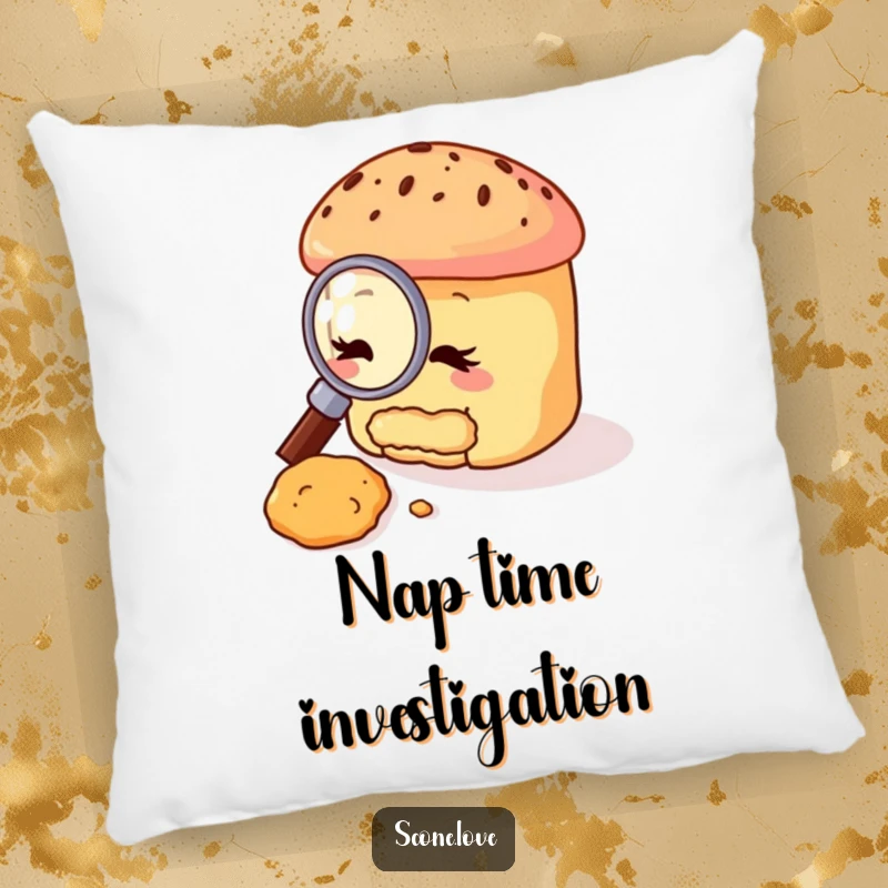 Funny scone pillow featuring a cute scone character with a magnifying glass, looking at a crumb, designed for comfort and humorous appeal.