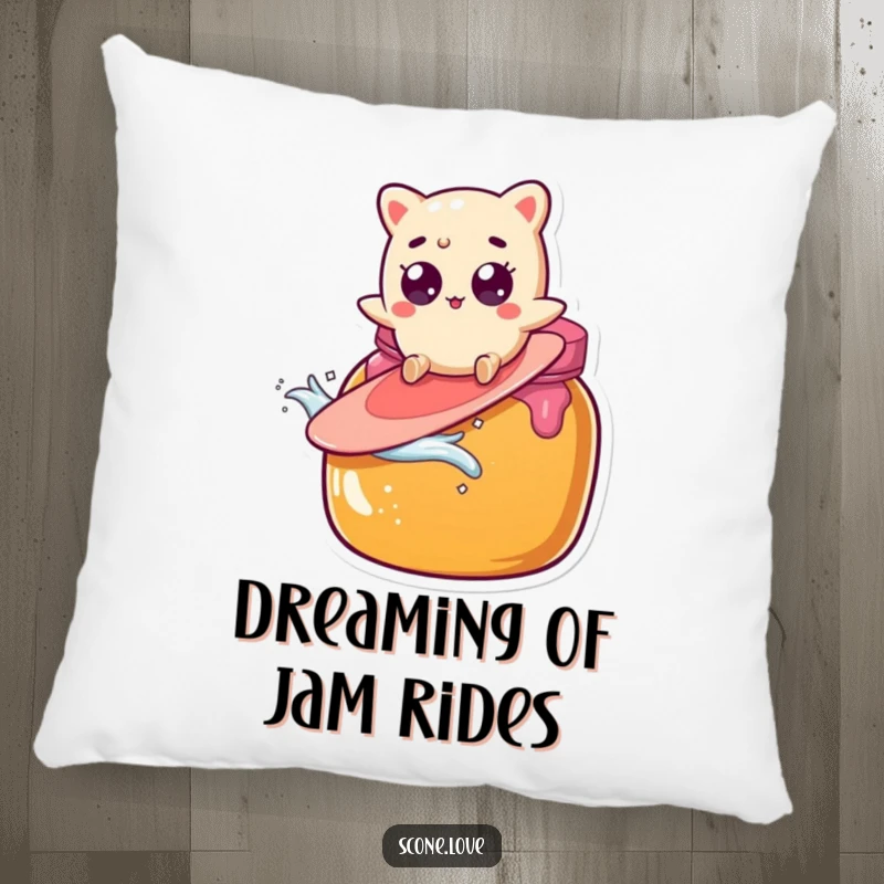 Funny scone character surfing a giant jam jar with wide eyes, a hilarious and soft addition to this pillow.