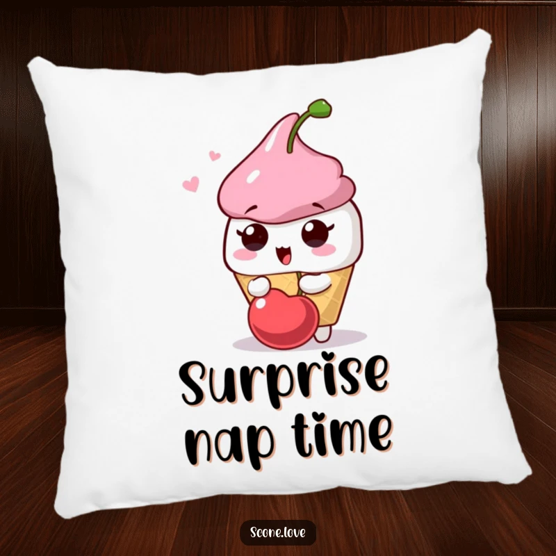 Funny Scone Surprise Pillow: A scone character looks surprised by a playfully popping cherry, offering humorous comfort and charm.
