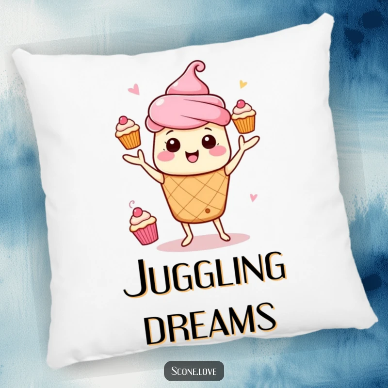 Funny Kawaii Scone Juggling Pillow: An energetic scone juggles mini cupcakes, perfect for a cheerful space.