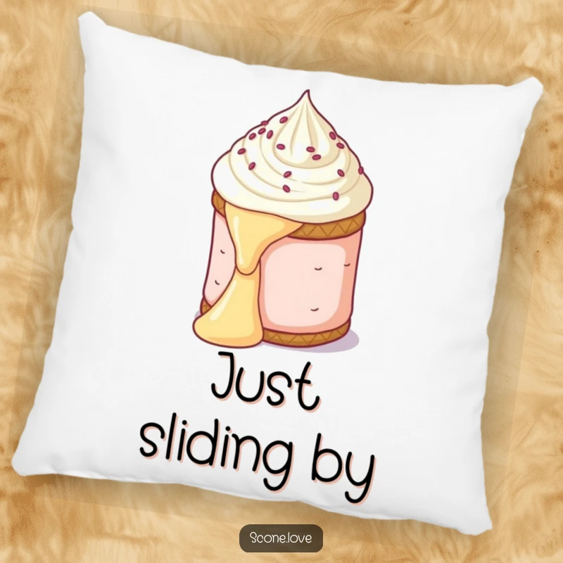 Funny pillow displaying a scone hilariously sliding down a butter pat, adding a touch of baking comedy to home decor.