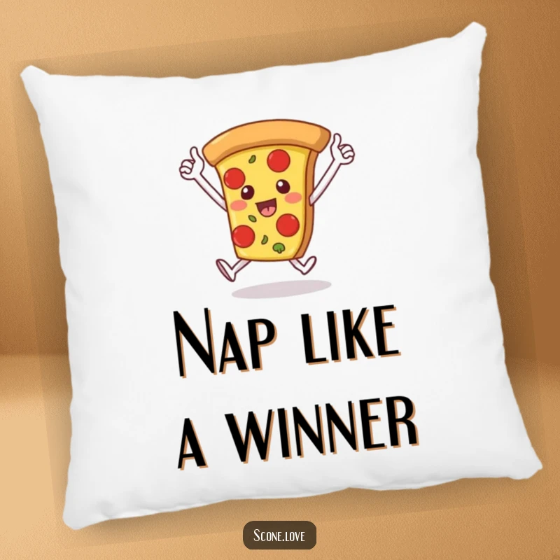 Funny pillow showcases a pizza slice running a victory lap with arms up, a humorous and cozy decorative item for celebrations.
