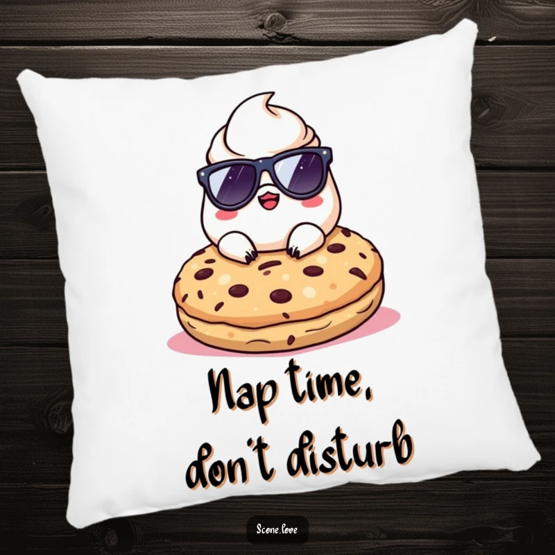Funny Kawaii Scone wearing sunglasses, lounging on a giant cookie, on a soft, humorous pillow.