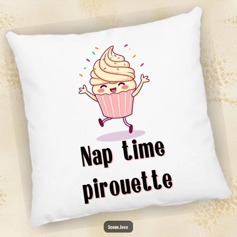 Funny pillow displaying a cute cupcake in a lively jig, surrounded by whimsical flying sprinkles, offering comfort and cheerful vibes.