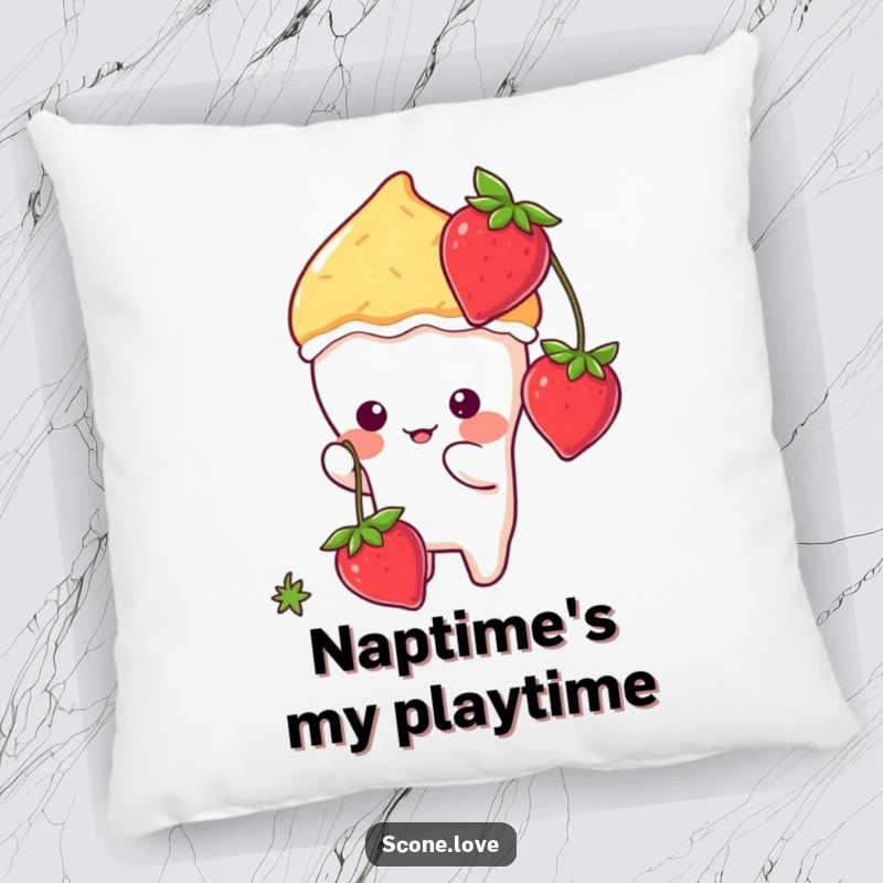 Funny kawaii scone character mid-play batting at a dangling strawberry, designed as a soft and cuddly pillow.