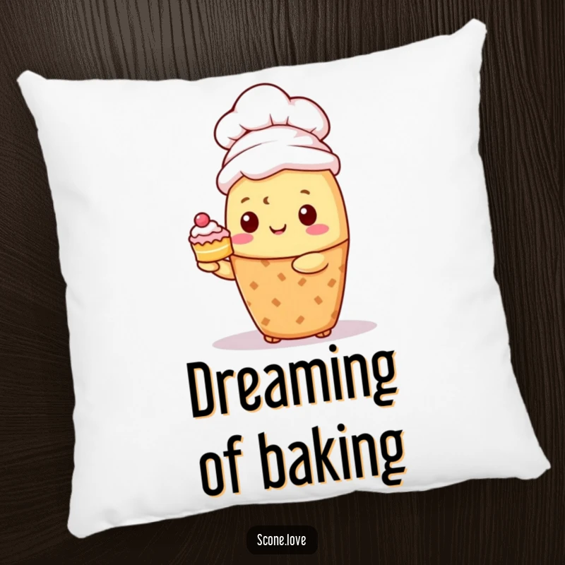 Funny Kawaii Scone Chef Pillow: A cute chef scone proudly holds a tiny cake, perfect for comfy lounging.