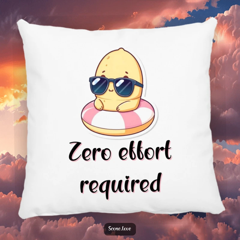 Soft pillow featuring a funny scone character in sunglasses, chilling on a miniature beach float.