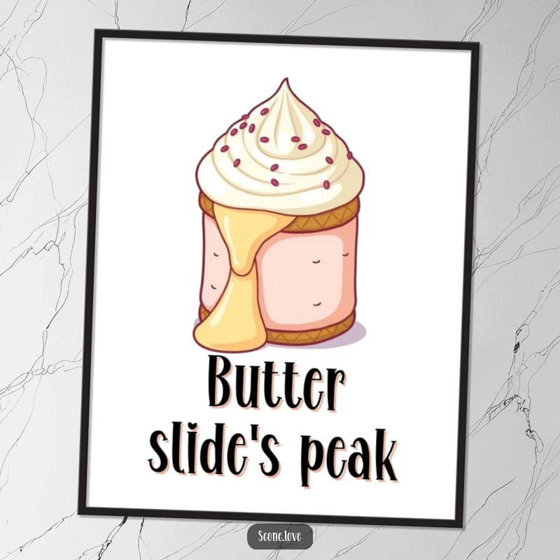 Funny digital art print of a scone in a dramatic slide down a butter pat, ready to be printed and framed.