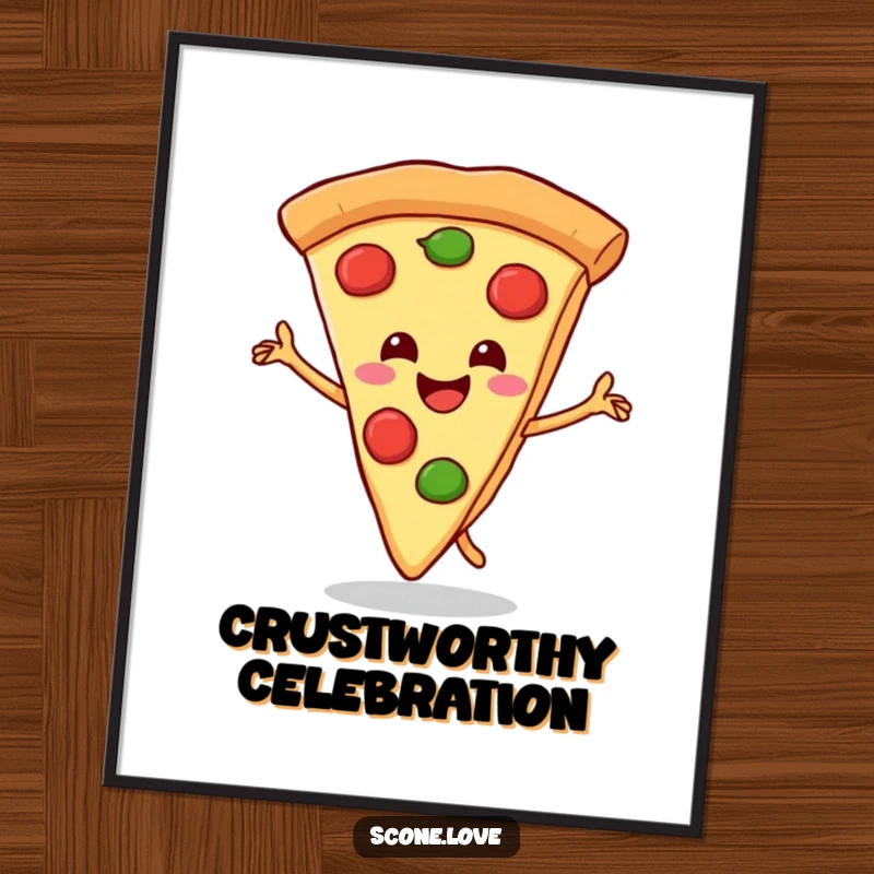 Funny digital art print of a smiling pizza slice doing a celebratory dance with its crust, for instant wall decor.