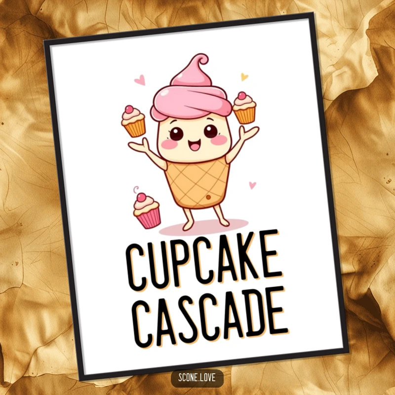 Funny Kawaii Scone Juggling Art Print: An energetic scone juggles mini cupcakes with impressive dexterity.