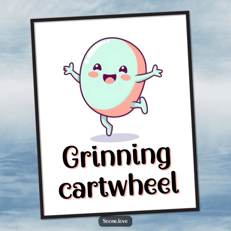 Funny candy digital art print featuring a grinning candy doing a cartwheel, perfect for instant wall decor and gifts.