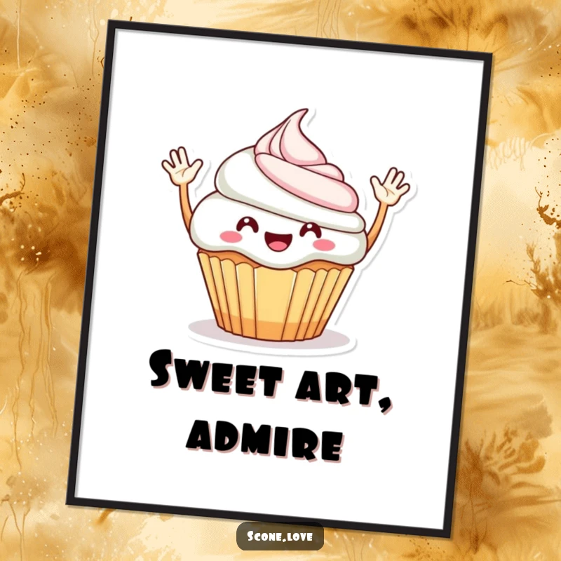 Funny Digital Art Print: A happy cupcake with waving arms, bringing a cheerful vibe and a touch of sweetness to any home.