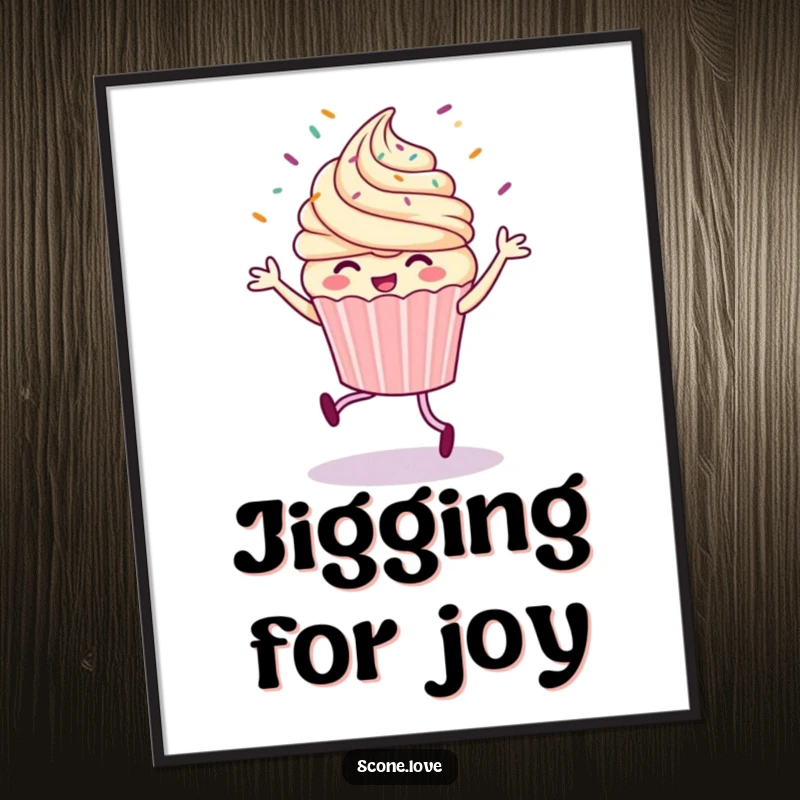 Funny digital art print of an energetic cupcake performing a jig, with a dynamic eruption of sprinkles, embodying pure, printable celebration.