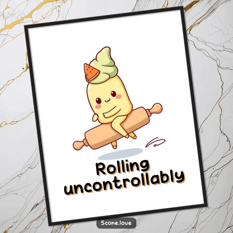 Funny Kawaii Scone Digital Art: A cute scone character attempts to ride a runaway rolling pin, bringing instant humorous charm to any room.