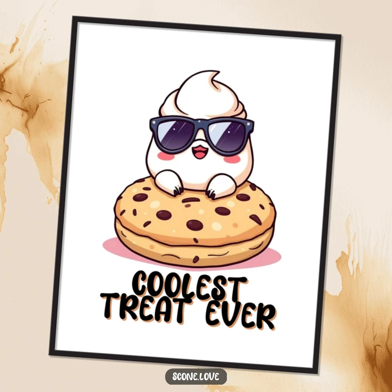 Funny Kawaii Scone wearing sunglasses, relaxing on a giant cookie, creating humorous and cool wall art.