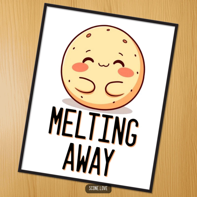 Funny melting donut digital art print, depicting a content baked good melting happily in a warm embrace, ready for instant download.