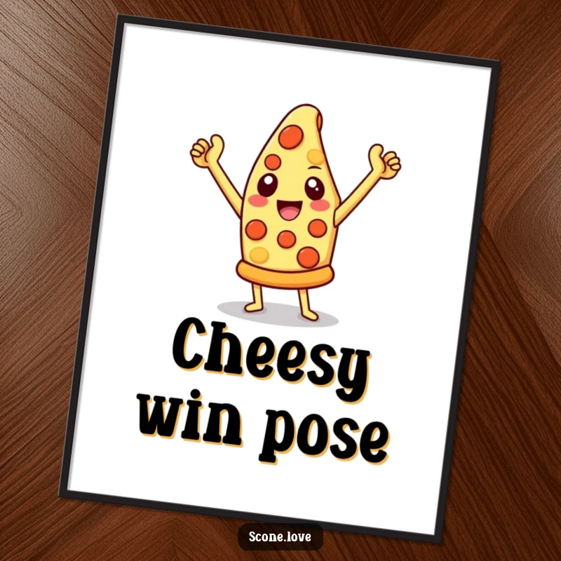 Funny pizza digital art print featuring a triumphant cheesy slice, perfect for instant wall decor and gifts.