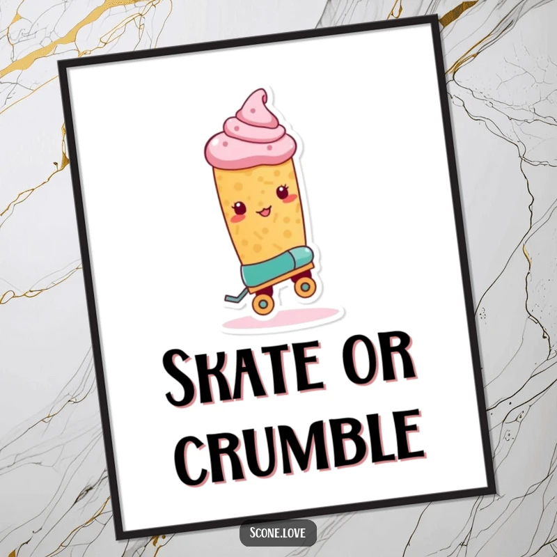 Funny Roller Skate Scone Digital Art Print shows a scone with one roller skate, poised for a trick, with humorous action.