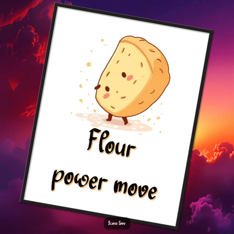 Funny Scone Cartwheel Digital Art Print shows a scone doing a cartwheel, kicking up flour, with humorous baking action.