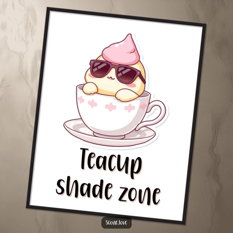 Funny digital art print of a scone wearing sunglasses, lounging in a teacup, ready to be printed and framed.