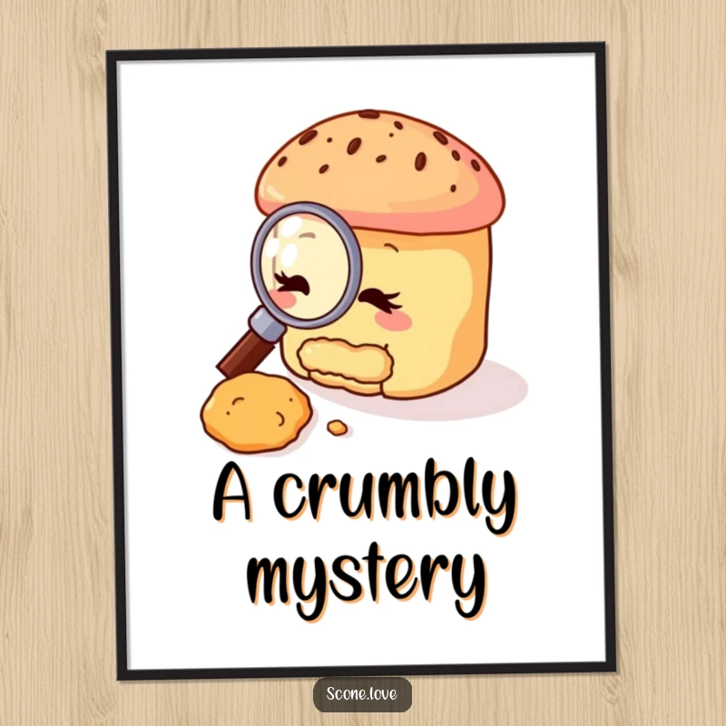 Funny scone digital art print of a scone character with a magnifying glass, intently studying a crumb, offering immediate humorous decor.