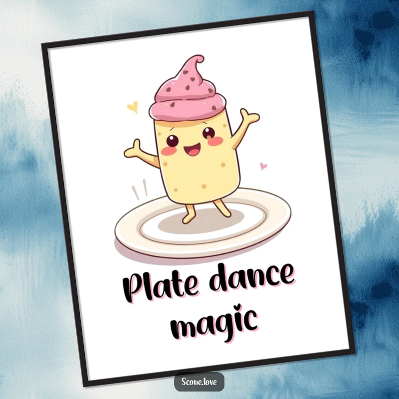 Funny digital art print of a kawaii scone character doing a happy dance on a large plate, whimsical baking illustration, instant humorous decor.